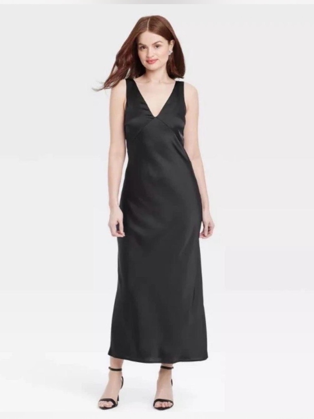 NWT Women’s V Neck Satin Slip Dress Black Sz M Elegant Evening Gown Chic